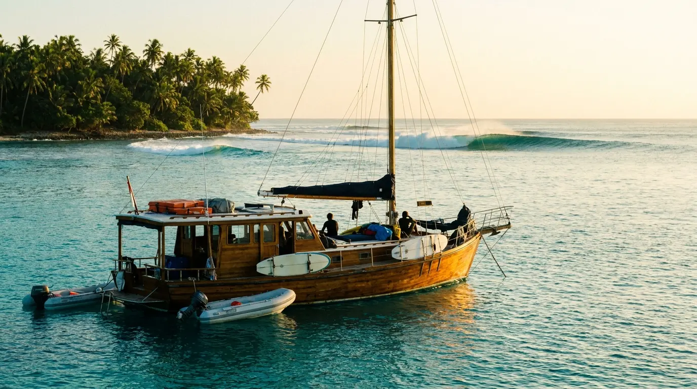 Numa surf trip de barco, você acorda ancorado na frente de um pico diferente a cada dia