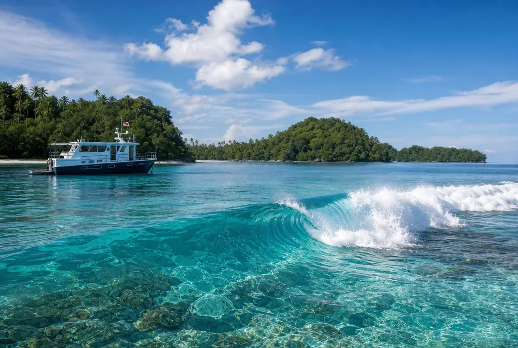 Onda perfeita quebrando sobre reef cristalino nas Mentawai