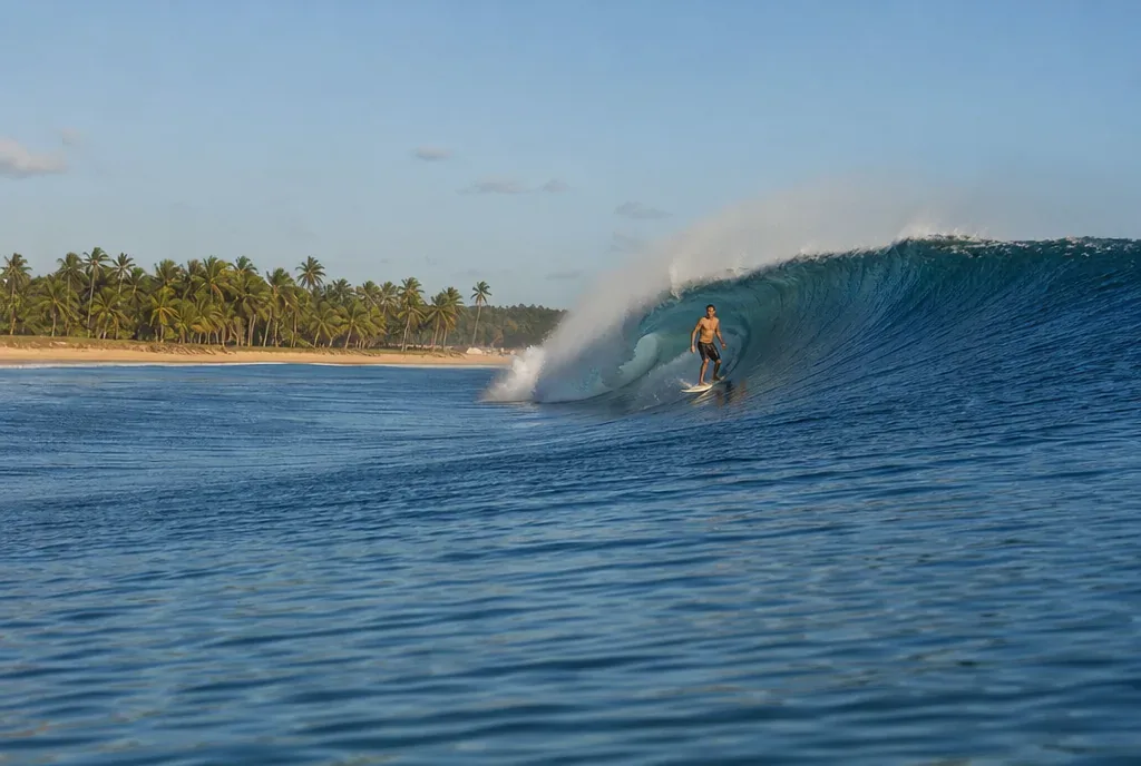 Surfista dropando onda limpa em praia de coqueiros no Nordeste